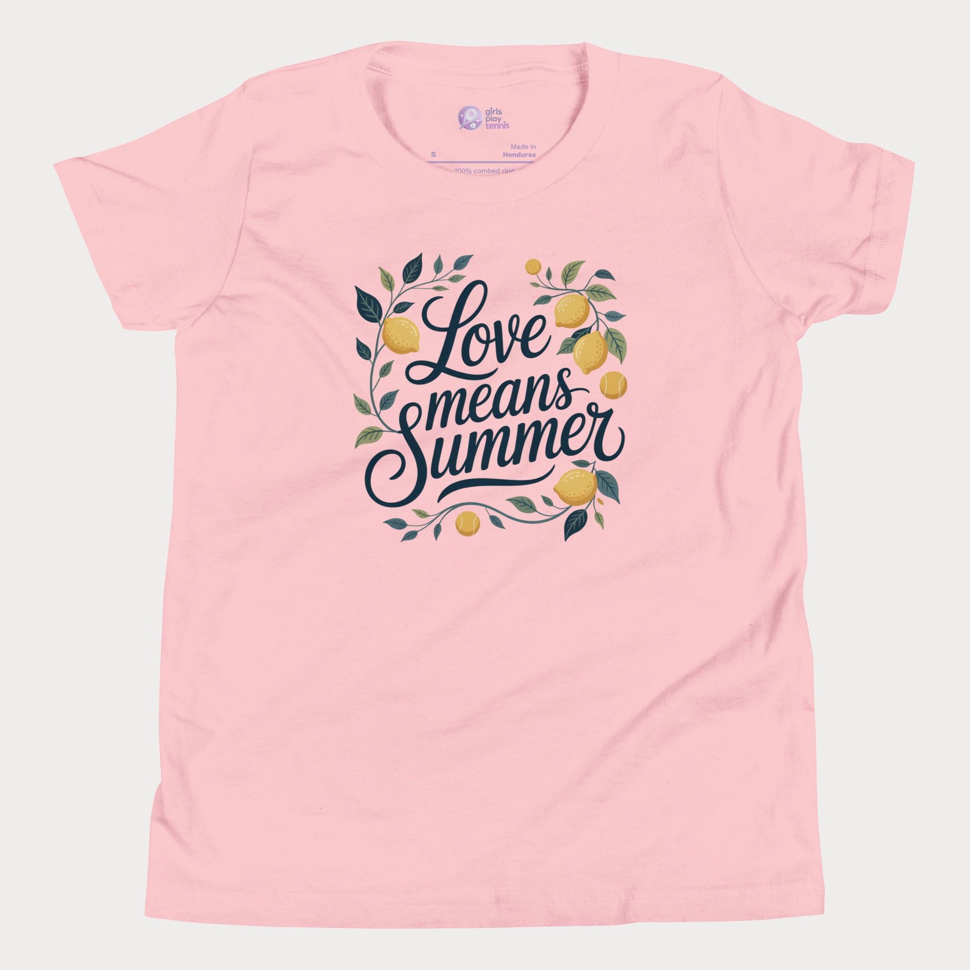 Love Means Summer girls and women’s tennis tee in soft pink with lemon graphic premium cotton shirt