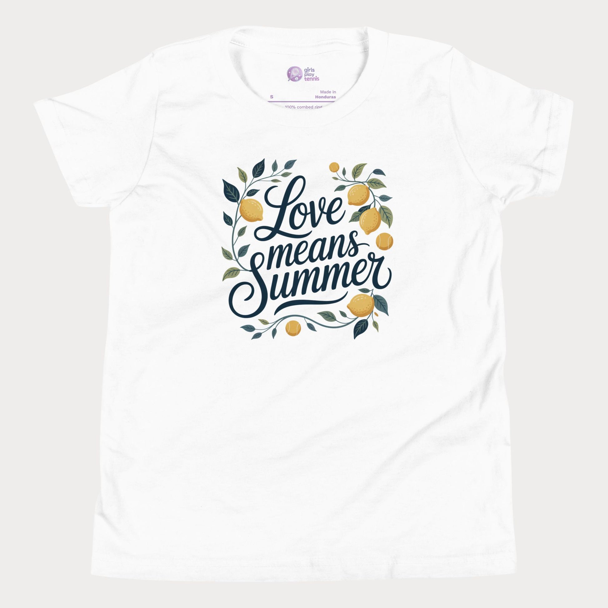 Love Means Summer girls and women’s tennis tee in white with lemon graphic premium cotton shirt.