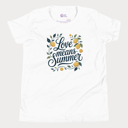 Love Means Summer girls and women’s tennis tee in white with lemon graphic premium cotton shirt.