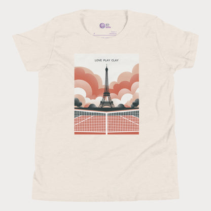 A stylish tennis-themed T-shirt featuring a retro-inspired illustration of a clay court with the Eiffel Tower in the background, accompanied by the slogan "Love Play Clay." 