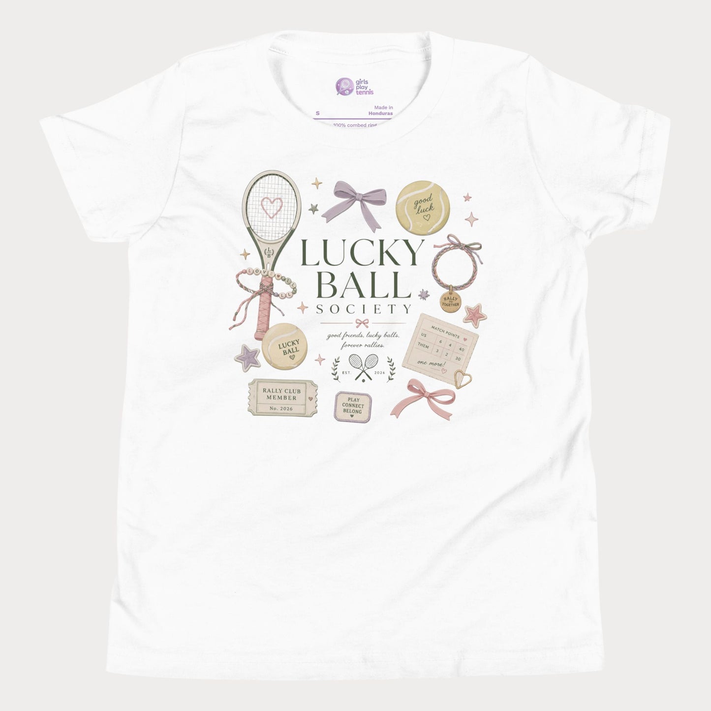 White girls tennis tee featuring lucky ball society artwork with bows, bracelets, and vintage tennis lifestyle details