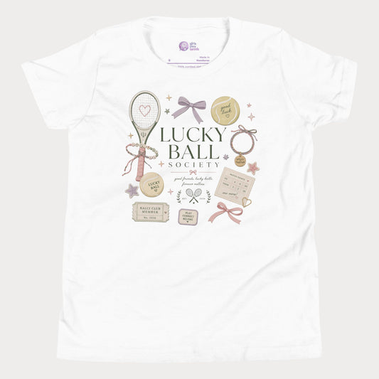 White girls tennis tee featuring lucky ball society artwork with bows, bracelets, and vintage tennis lifestyle details