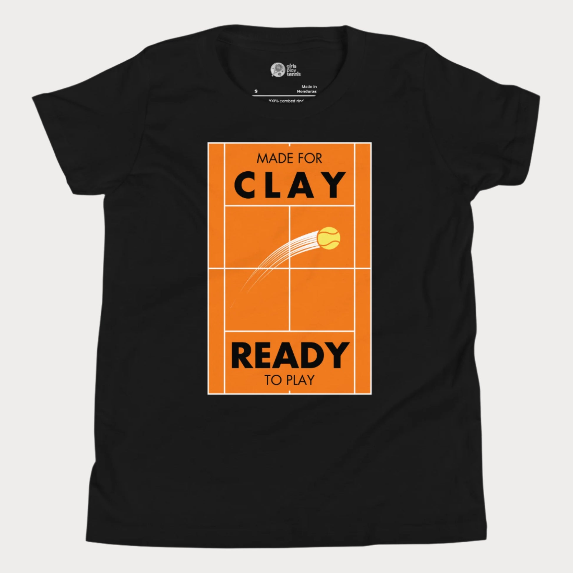 Black kids' tennis T-shirt featuring an orange clay court design with a tennis ball in motion and the phrase "Made for Clay, Ready to Play." Perfect for young tennis players who love the clay season.