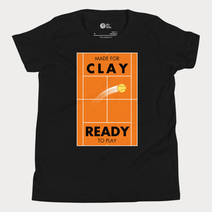 Black kids' tennis T-shirt featuring an orange clay court design with a tennis ball in motion and the phrase "Made for Clay, Ready to Play." Perfect for young tennis players who love the clay season.