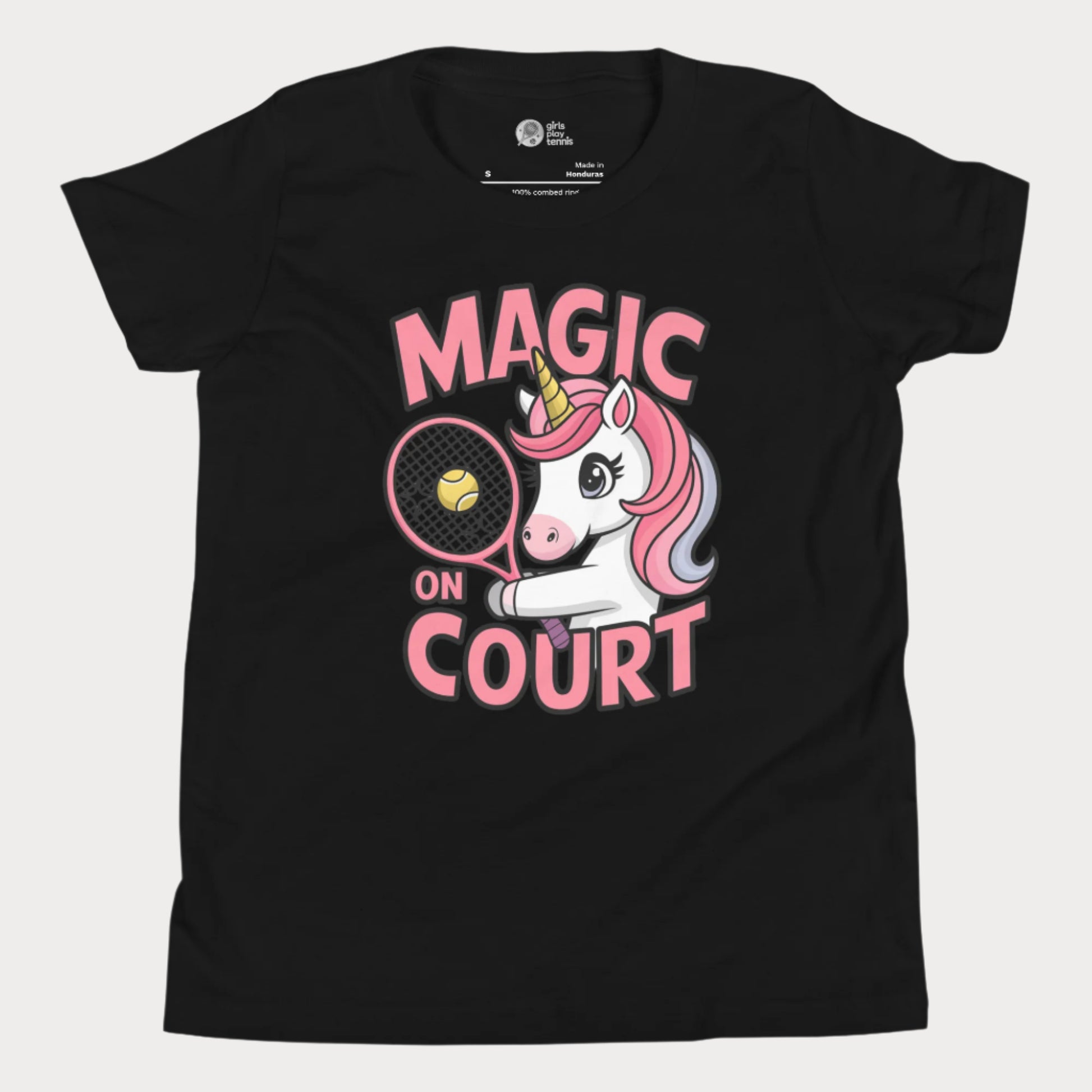 Black girls' tennis t-shirt featuring a cute unicorn holding a racket with a tennis ball, alongside bold 'Magic on Court' text. Fun and empowering tennis apparel for young girls who love tennis and playful designs.