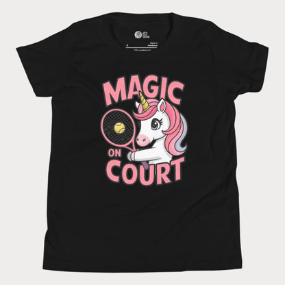 Black girls' tennis t-shirt featuring a cute unicorn holding a racket with a tennis ball, alongside bold 'Magic on Court' text. Fun and empowering tennis apparel for young girls who love tennis and playful designs.