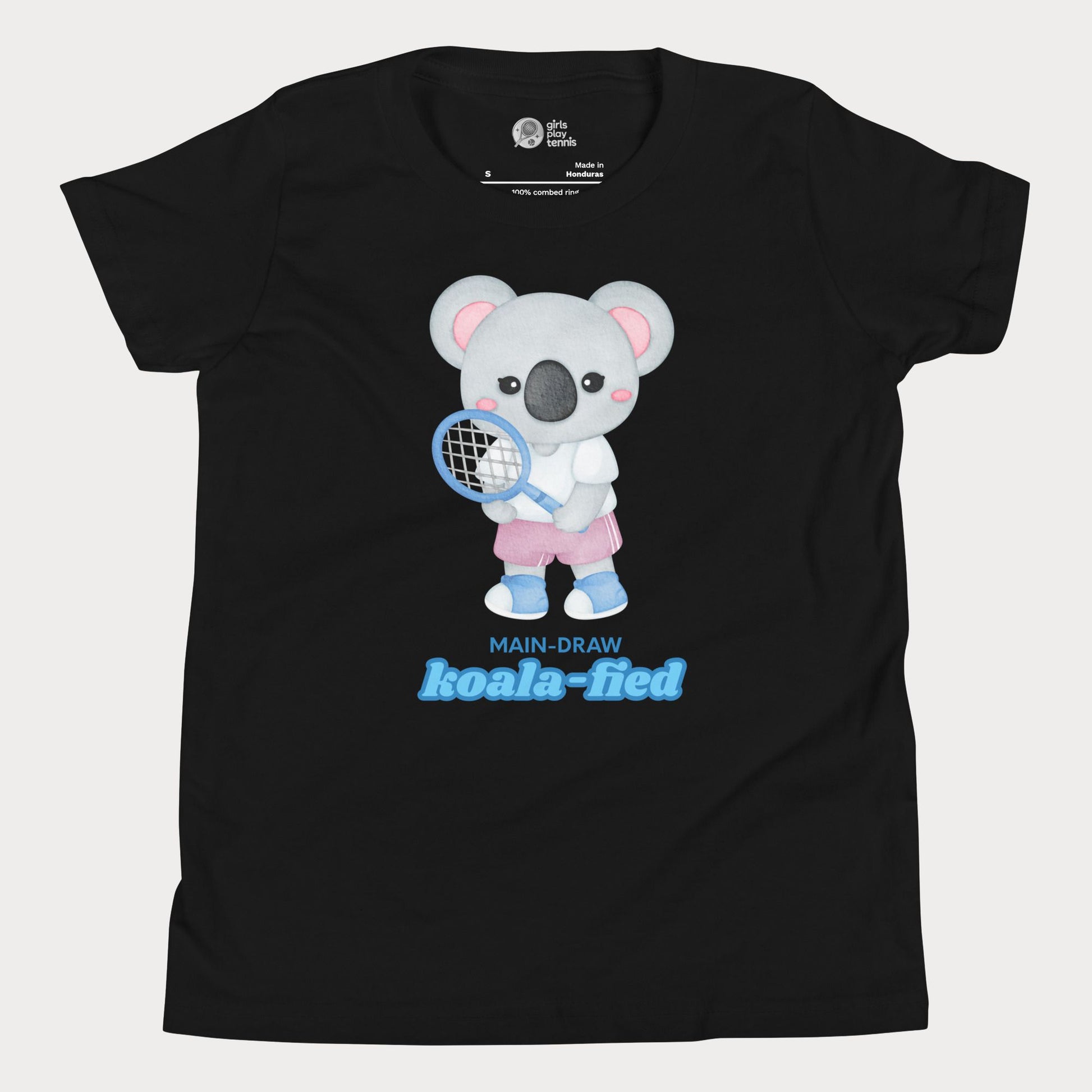 Main-Draw Koala-fied tennis t-shirt with cute koala character for girls, parents, and fans.
