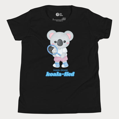 Main-Draw Koala-fied tennis t-shirt with cute koala character for girls, parents, and fans.