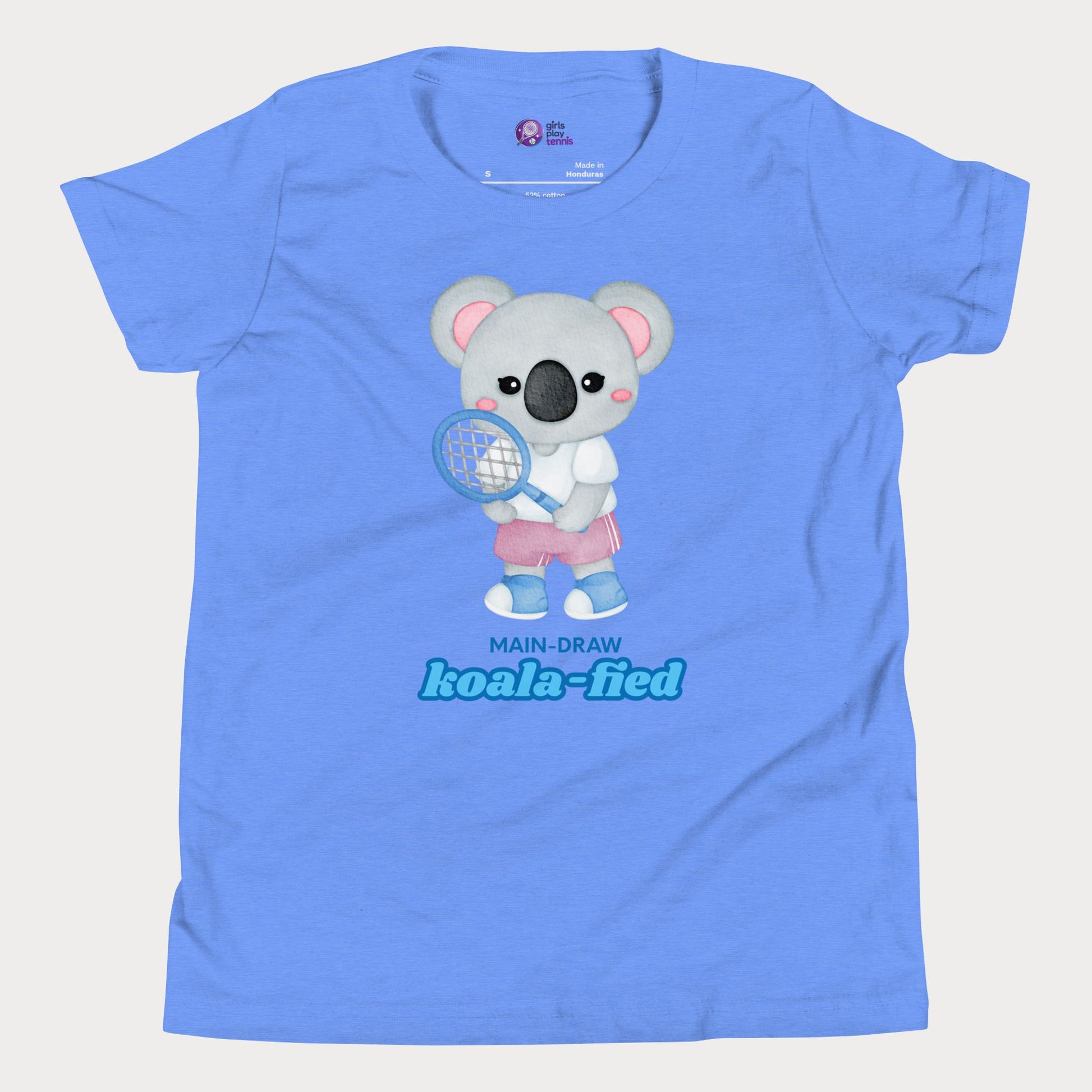 Main-Draw Koala-fied tennis t-shirt with cute koala character for girls, parents, and fans.