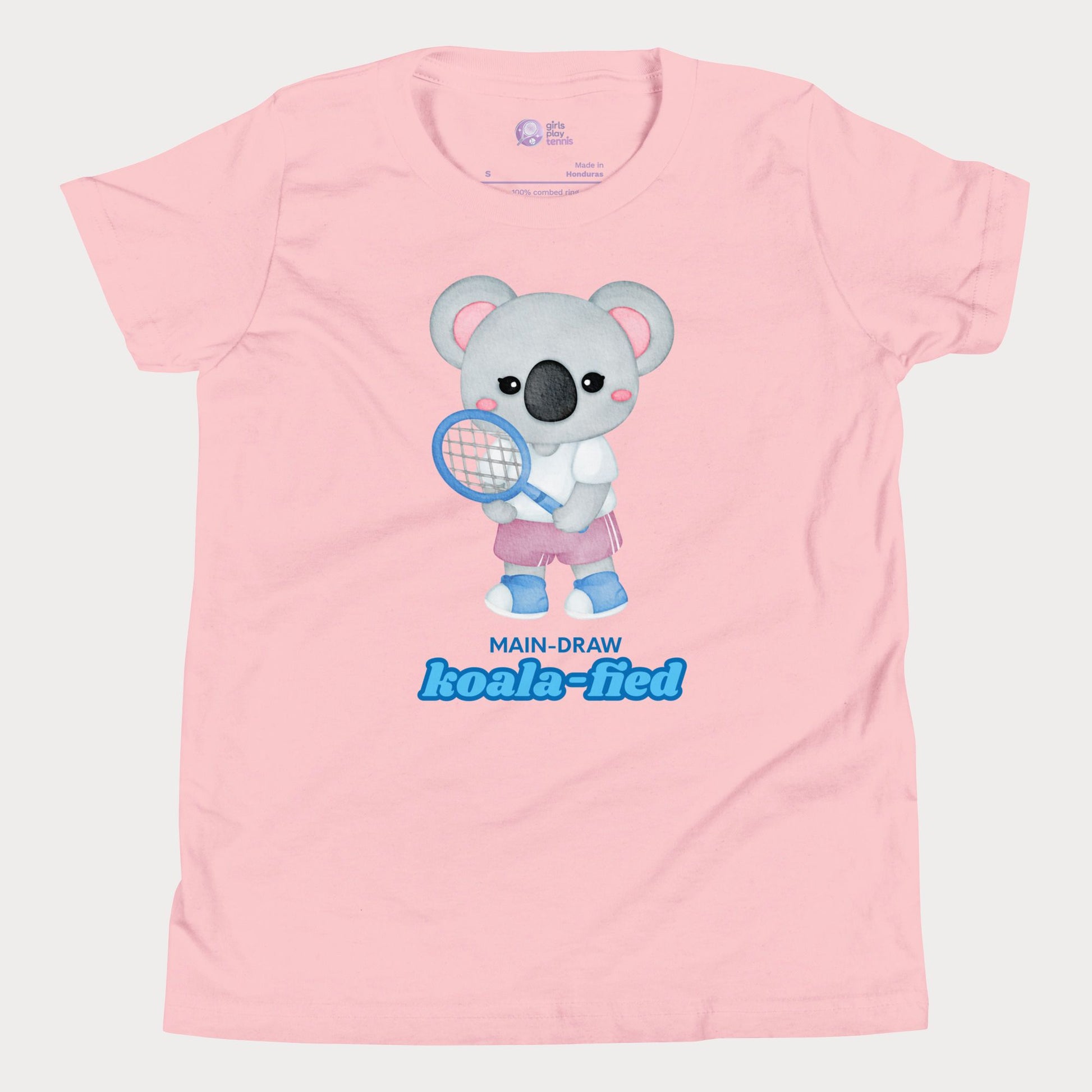 Main-Draw Koala-fied tennis t-shirt with cute koala character for girls, players, and fans.