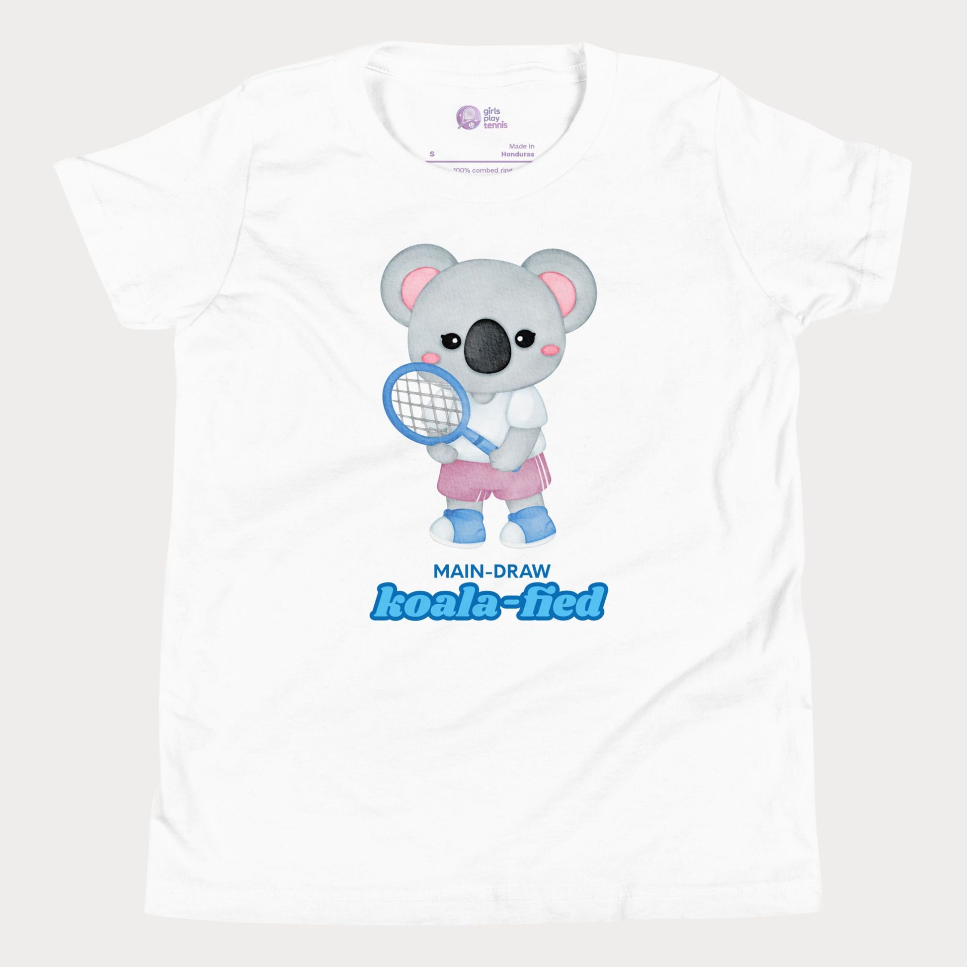 Main-Draw Koala-fied tennis t-shirt with cute koala character for girls, parents, and fans.