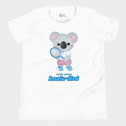 Main-Draw Koala-fied tennis t-shirt with cute koala character for girls, parents, and fans.
