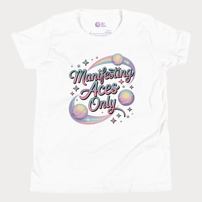 Girls Play Tennis rainbow typography Manifesting Aces Only t-shirt for girls, whimsical motivational hard court tennis shirt