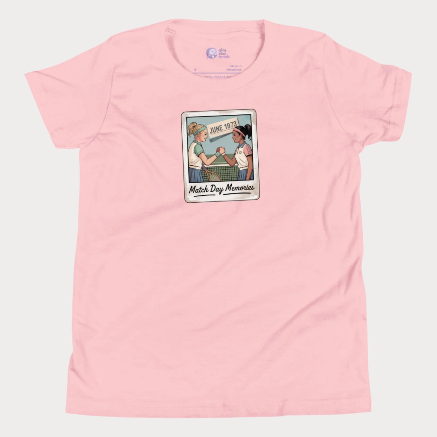 Polaroid-style illustration of two girls shaking hands on a tennis court with ‘June 1973’ and text reading Match Day Memories on a girls tennis t-shirt
