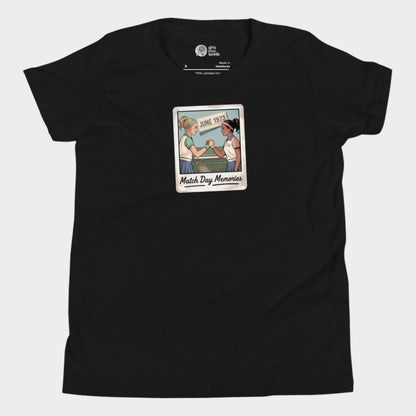 Polaroid-style illustration of two girls shaking hands on a tennis court with ‘June 1973’ and text reading Match Day Memories on a girls tennis t-shirt