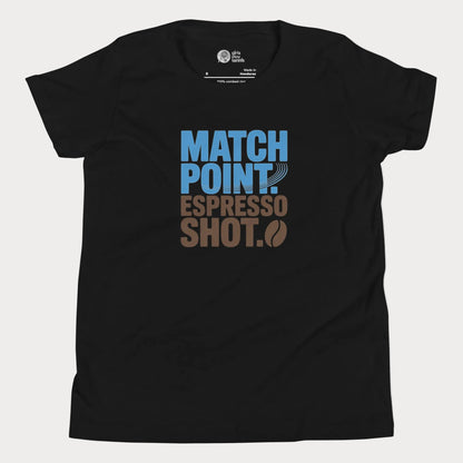 Black tennis t-shirt with Match Point Espresso Shot typography design for fans for tennis and coffee.