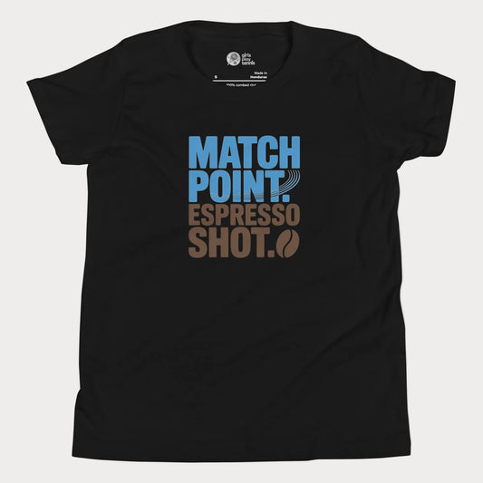 Black tennis t-shirt with Match Point Espresso Shot typography design for fans for tennis and coffee.