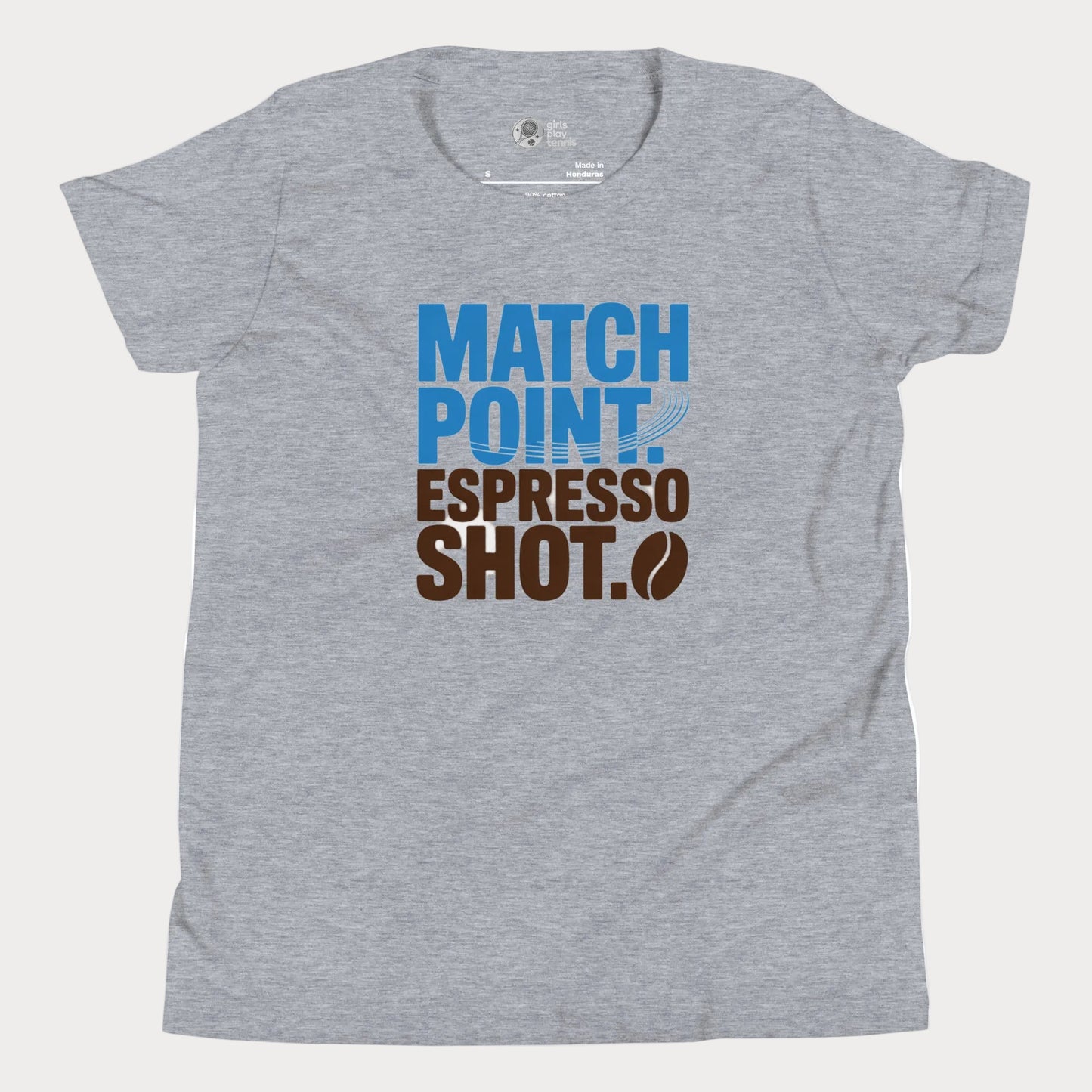 Grey tennis t-shirt with Match Point Espresso Shot typography design for fans of tennis and coffee.