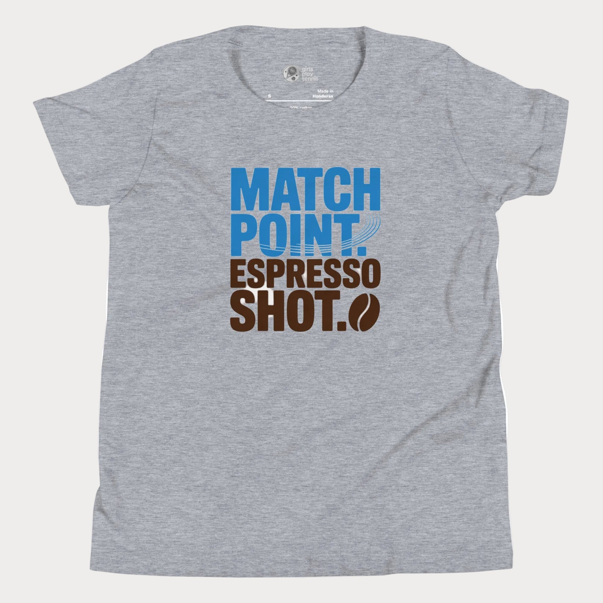 Grey tennis t-shirt with Match Point Espresso Shot typography design for fans of tennis and coffee.