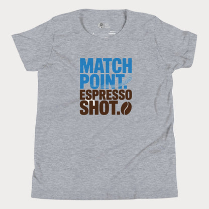 Grey tennis t-shirt with Match Point Espresso Shot typography design for fans of tennis and coffee.