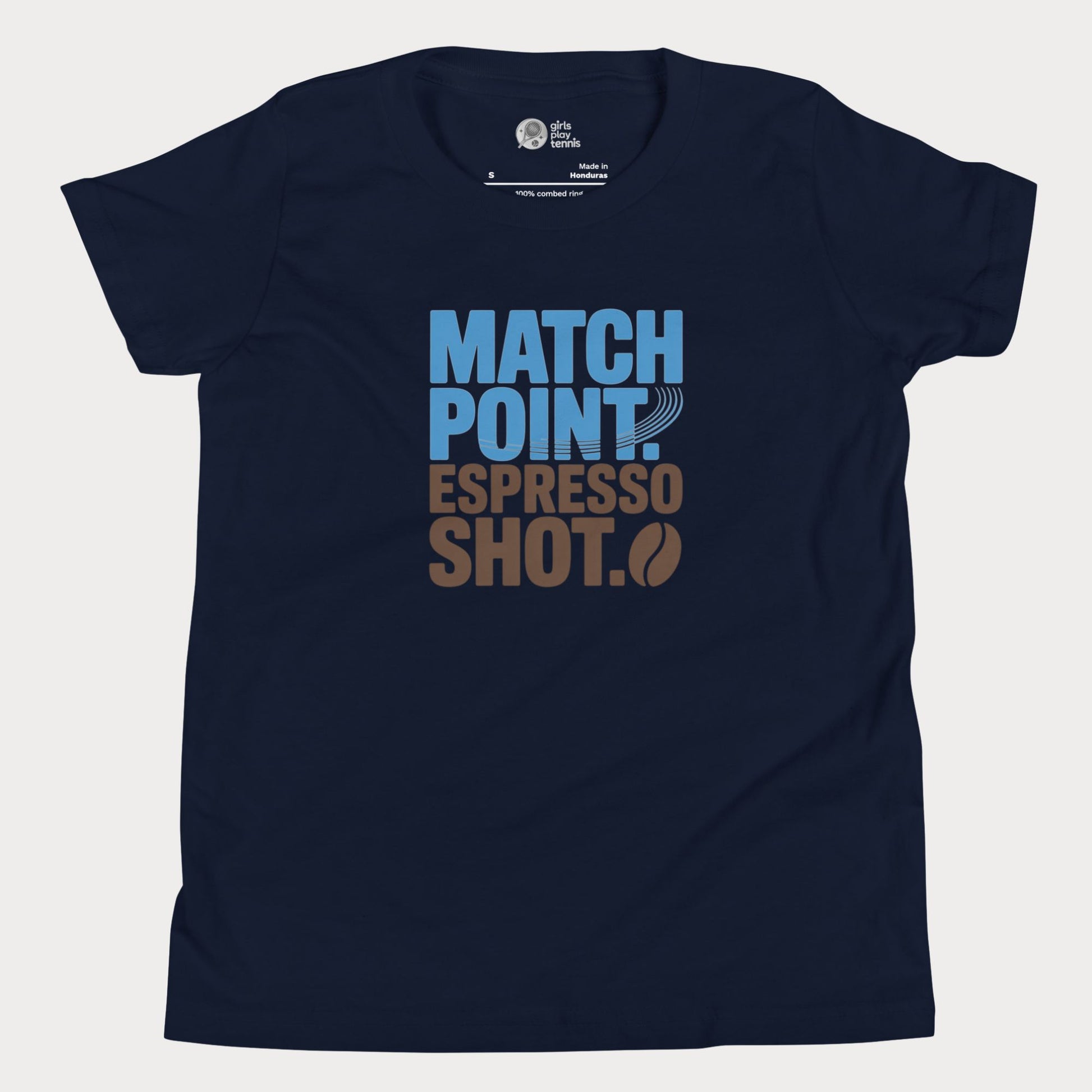 Navy tennis t-shirt with Match Point Espresso Shot typography design for fans of tennis and coffee.