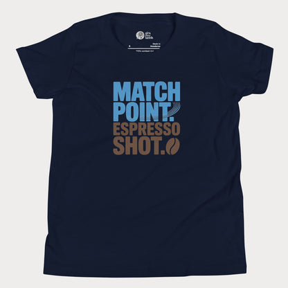 Navy tennis t-shirt with Match Point Espresso Shot typography design for fans of tennis and coffee.