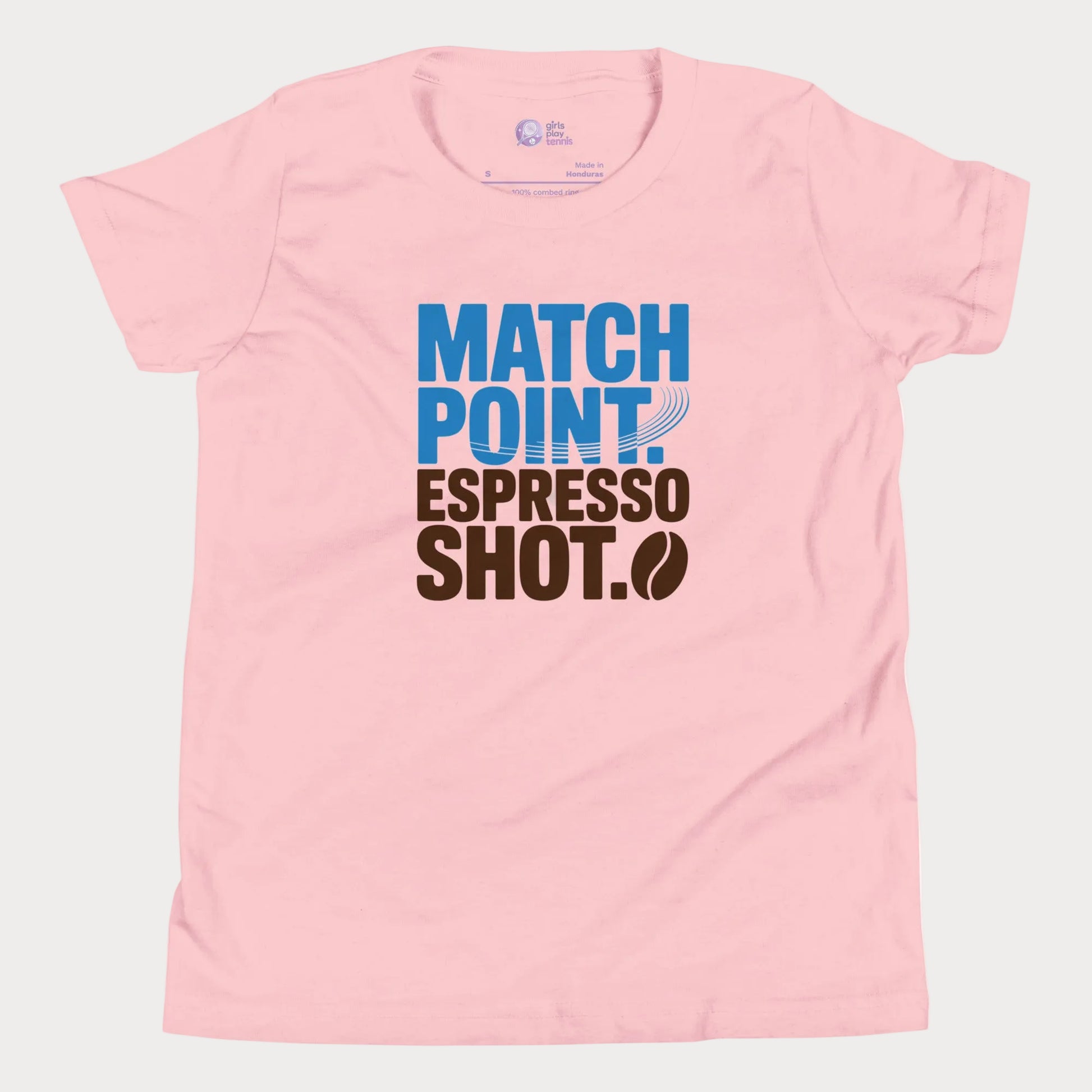 Pink tennis t-shirt with Match Point Espresso Shot typography design for fans of tennis and coffee.