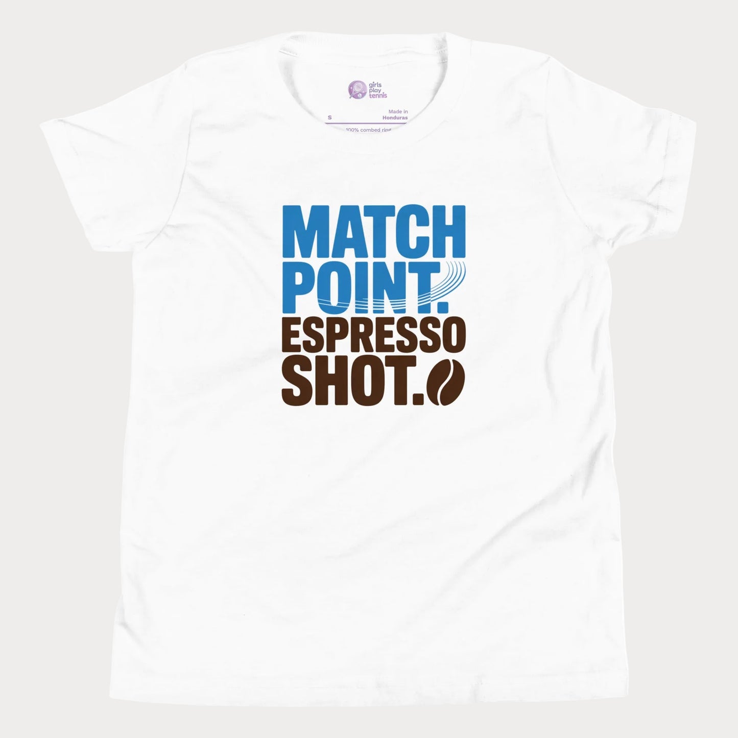 White tennis t-shirt with Match Point Espresso Shot typography design for fans of tennis and coffee.