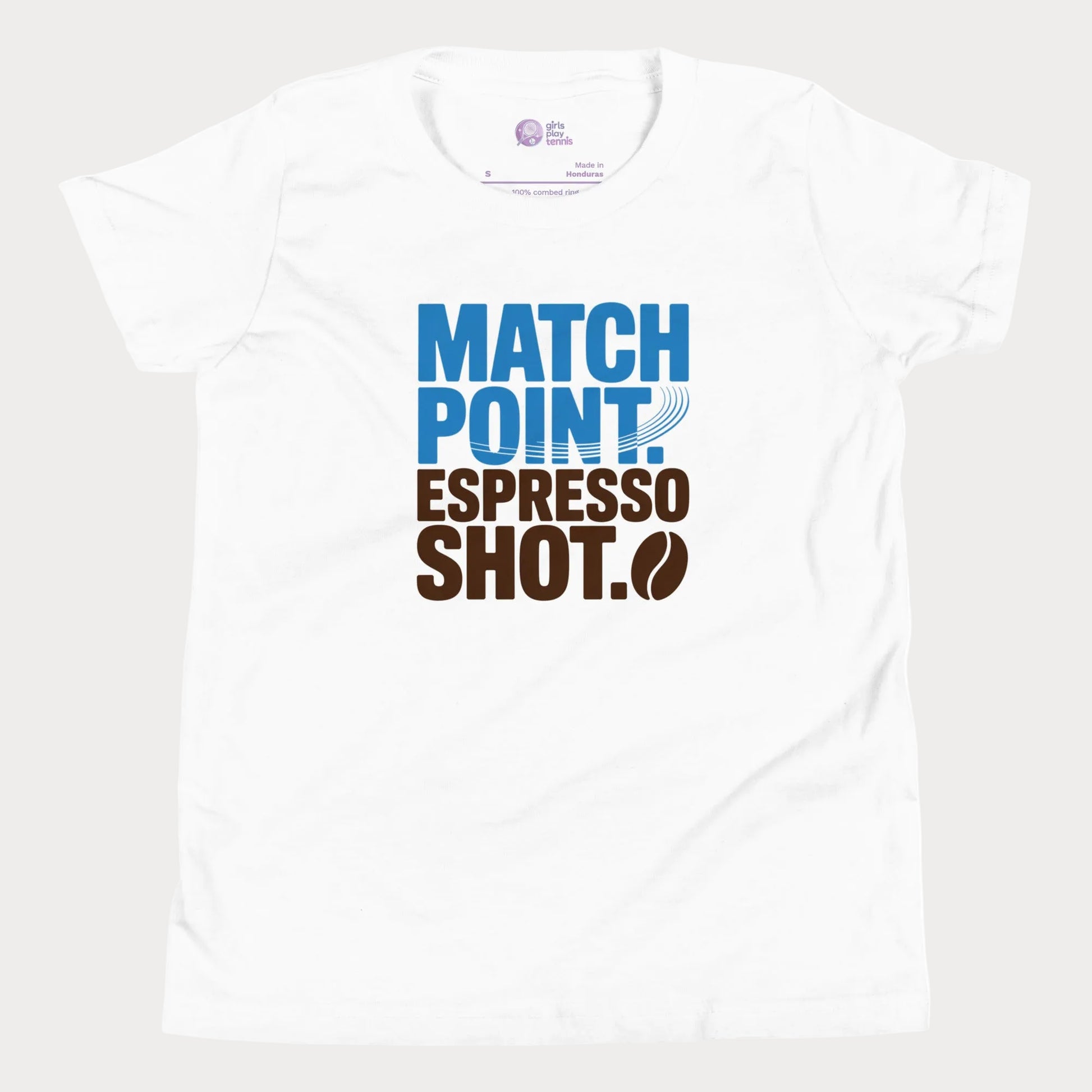 White tennis t-shirt with Match Point Espresso Shot typography design for fans of tennis and coffee.