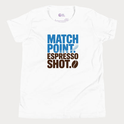 White tennis t-shirt with Match Point Espresso Shot typography design for fans of tennis and coffee.