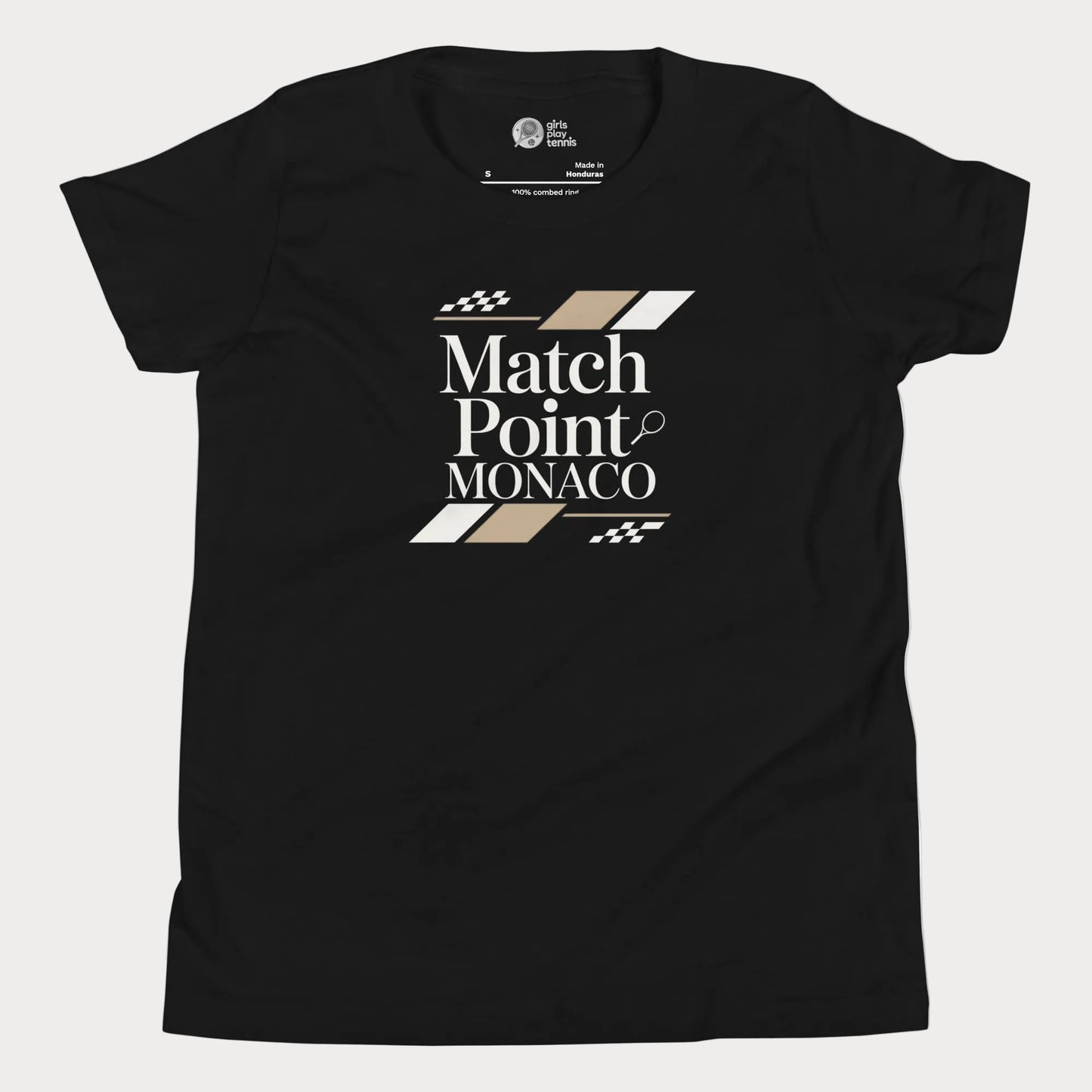 Match Point Monaco girls and women’s tennis tee in black premium cotton shirt with Monaco inspired tennis graphic