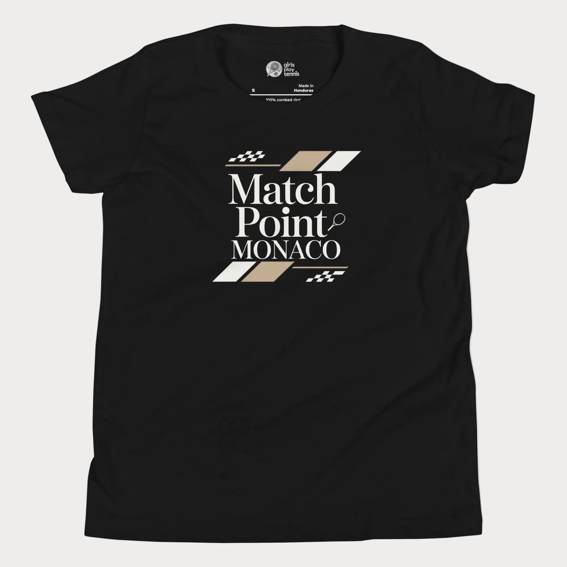 Match Point Monaco girls and women’s tennis tee in black premium cotton shirt with Monaco inspired tennis graphic