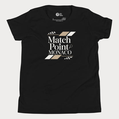 Match Point Monaco girls and women’s tennis tee in black premium cotton shirt with Monaco inspired tennis graphic