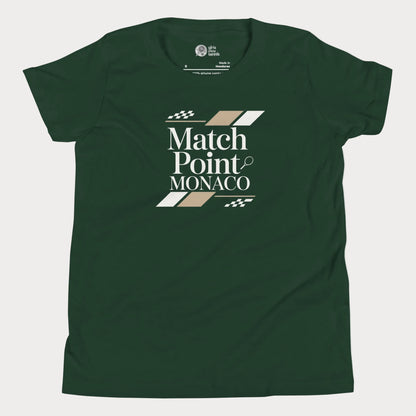 Match Point Monaco girls and women’s tennis tee in forest green premium cotton shirt with Monaco inspired tennis graphic