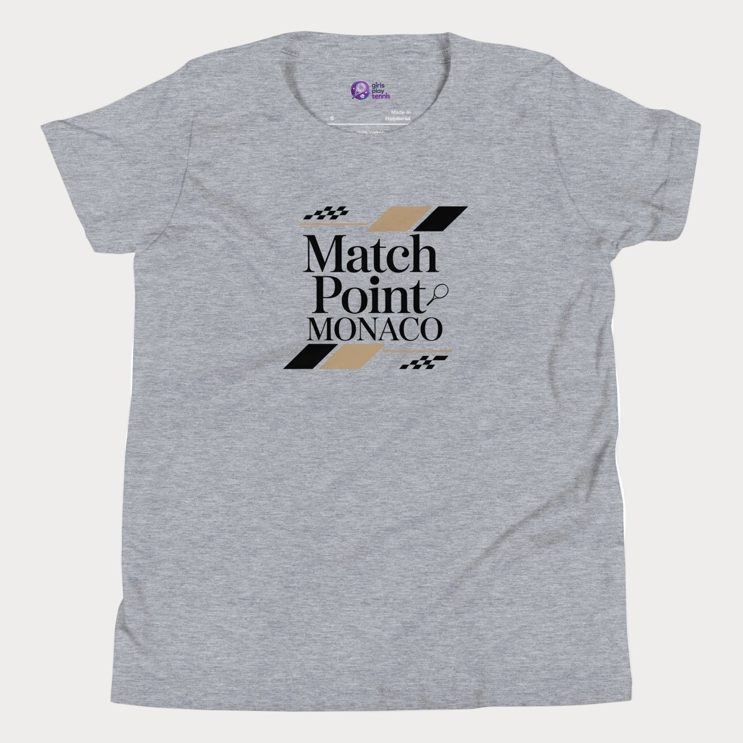 Match Point Monaco girls and women’s tennis tee in grey premium cotton shirt with Monaco inspired tennis graphic