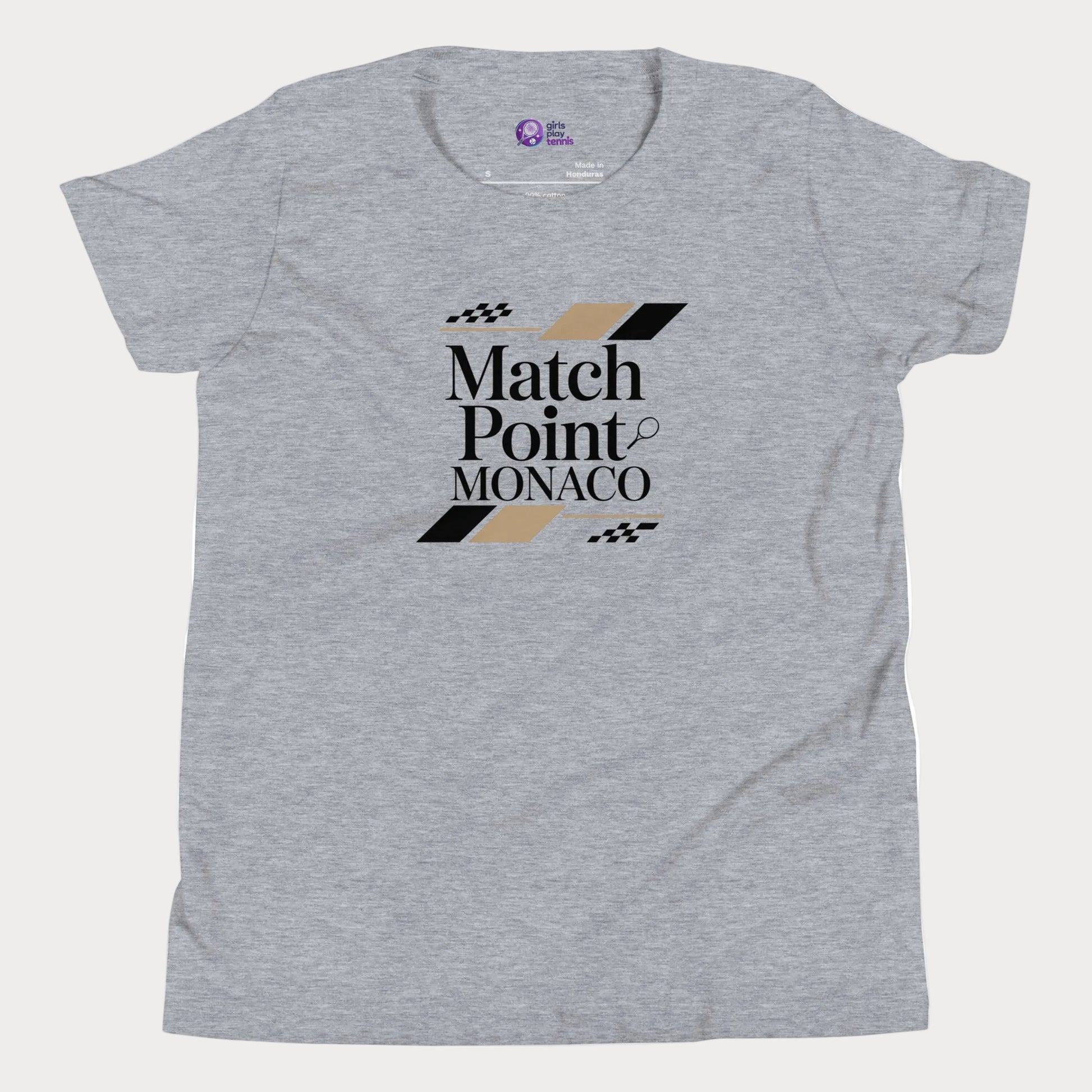 Match Point Monaco girls and women’s tennis tee in grey premium cotton shirt with Monaco inspired tennis graphic