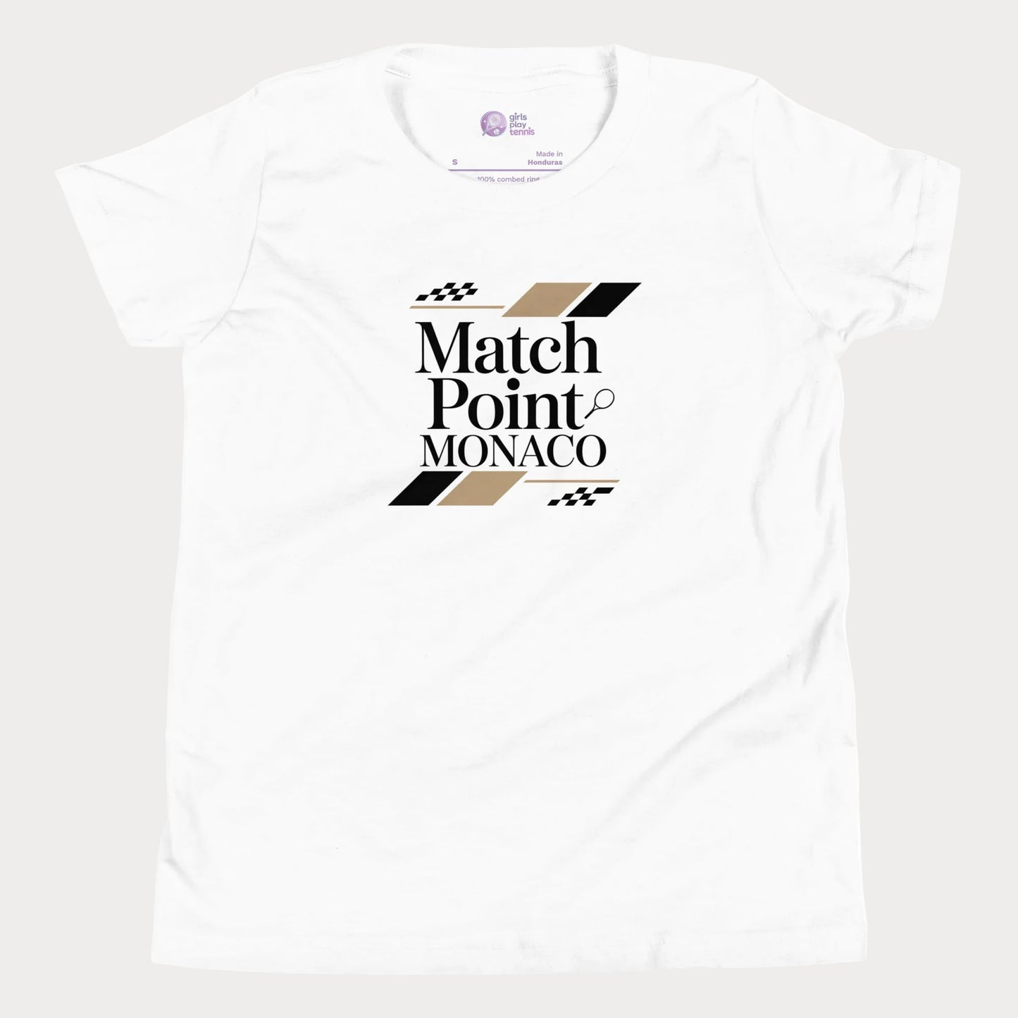 Match Point Monaco girls and women’s tennis tee in white premium cotton shirt with Monaco inspired tennis graphic