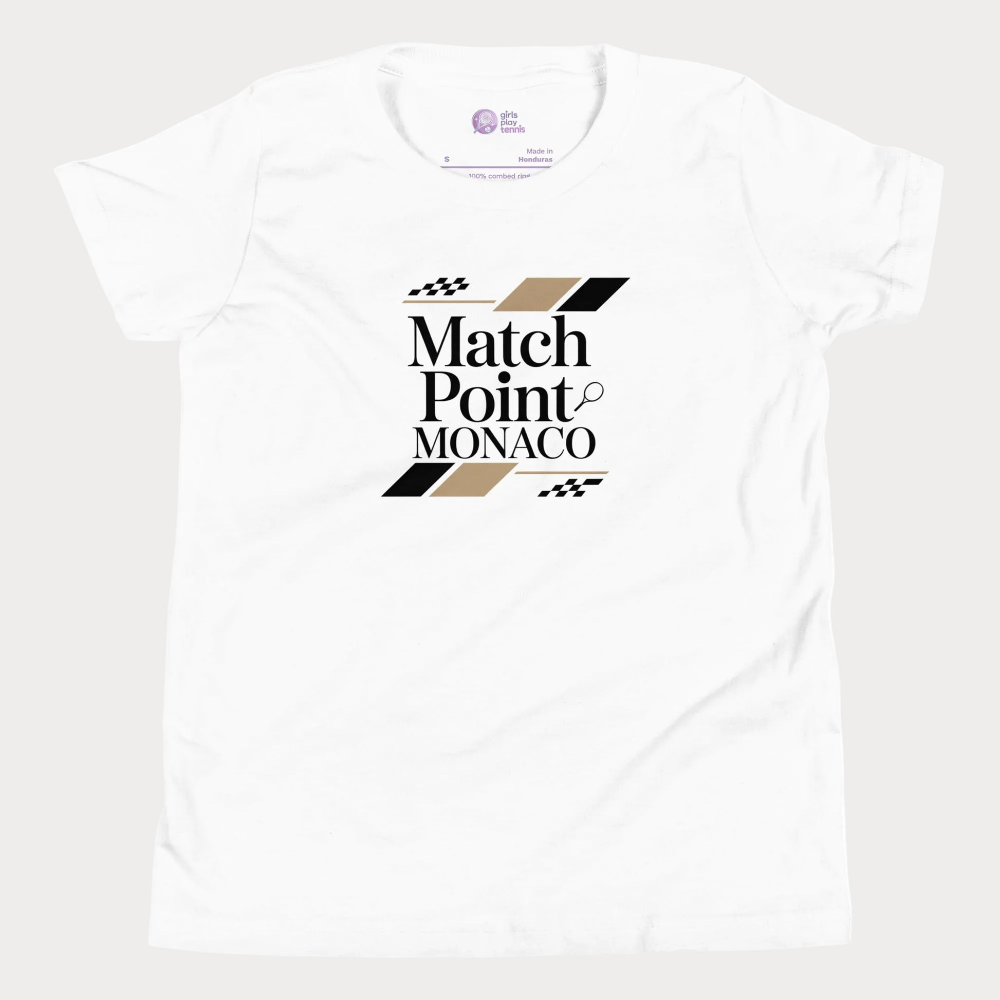 Match Point Monaco girls and women’s tennis tee in white premium cotton shirt with Monaco inspired tennis graphic
