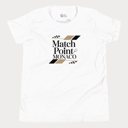 Match Point Monaco girls and women’s tennis tee in white premium cotton shirt with Monaco inspired tennis graphic