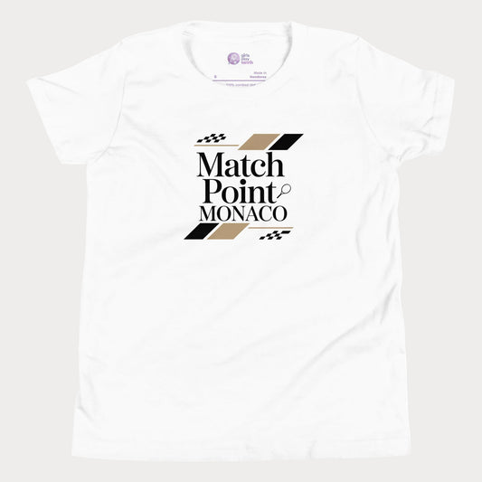 Match Point Monaco girls and women’s tennis tee in white premium cotton shirt with Monaco inspired tennis graphic