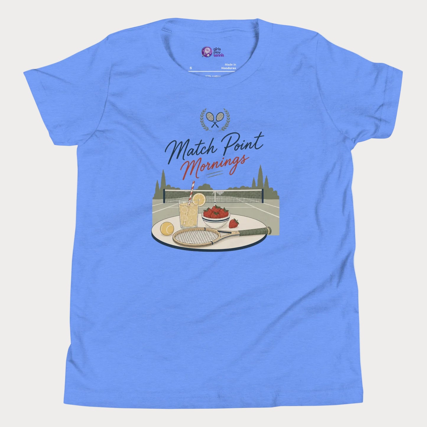 Premium blue tennis lifestyle tee with nostalgic summer court illustration and resort-inspired design