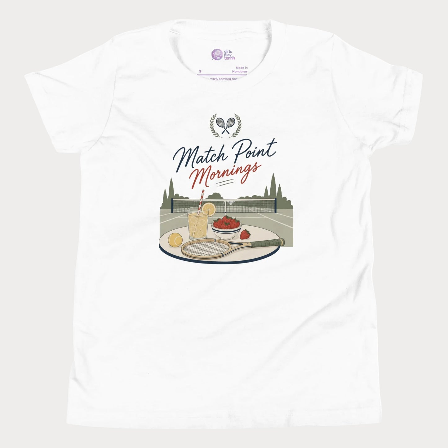 Premium white tennis lifestyle tee with nostalgic summer court illustration and resort-inspired design