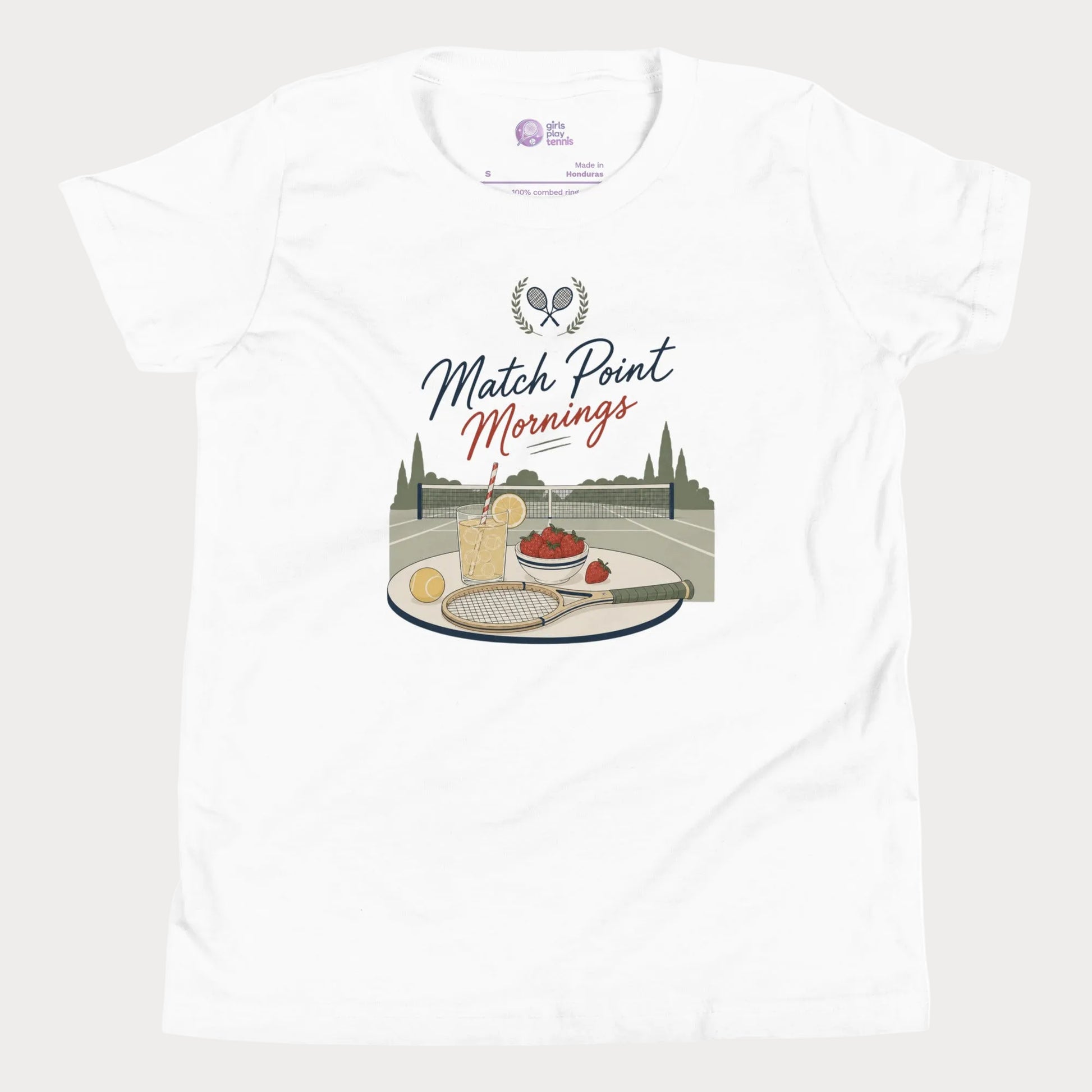 Premium white tennis lifestyle tee with nostalgic summer court illustration and resort-inspired design