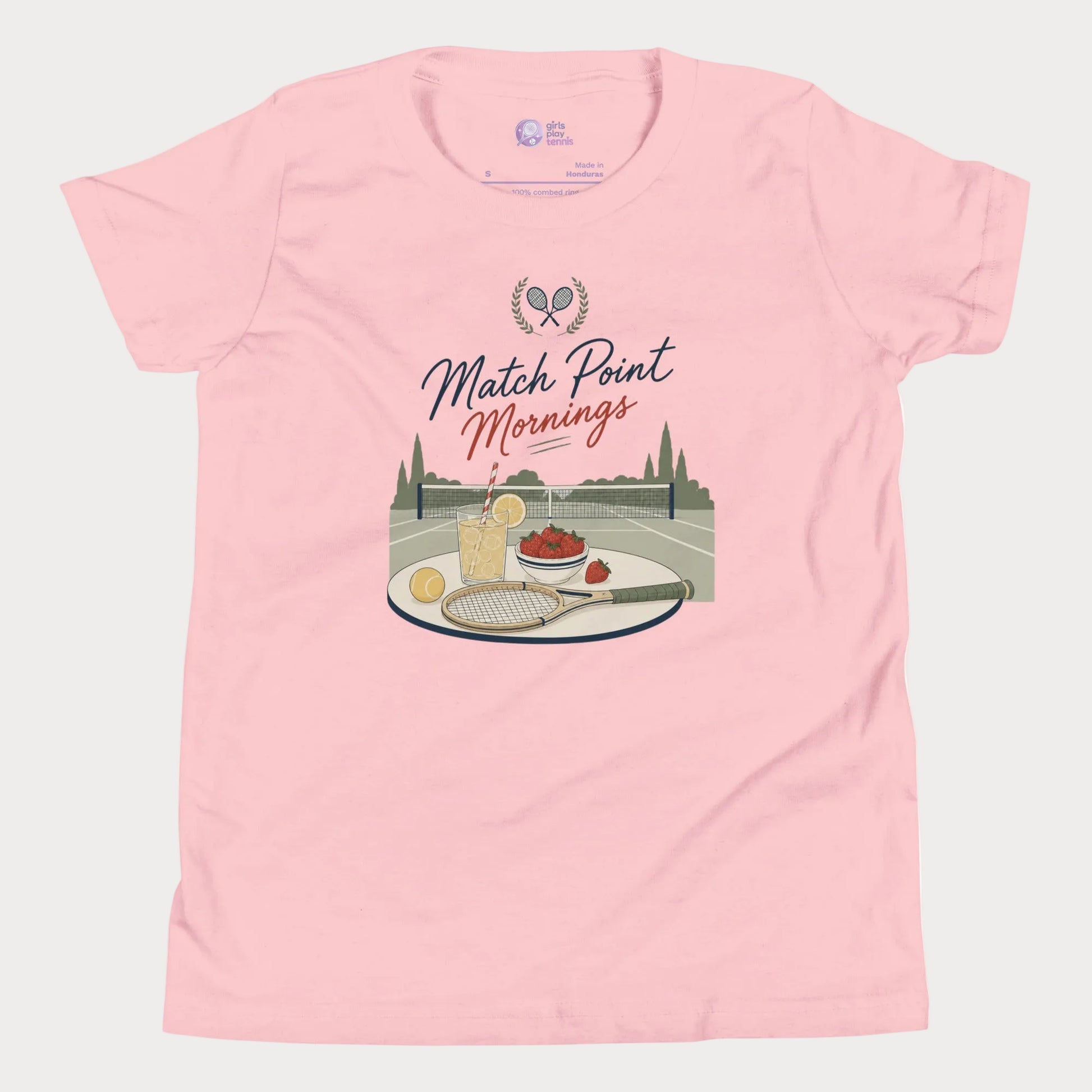 Premium tennis lifestyle tee with nostalgic summer court illustration and resort-inspired design