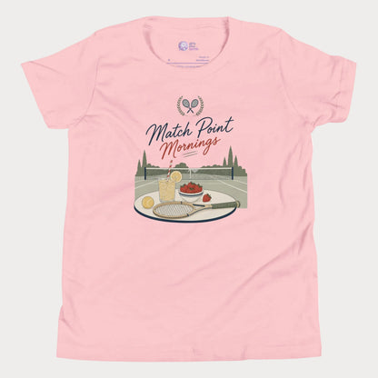 Premium tennis lifestyle tee with nostalgic summer court illustration and resort-inspired design