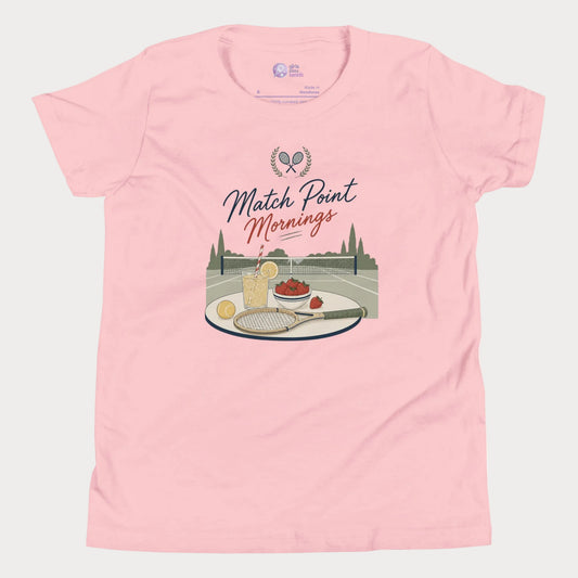 Premium tennis lifestyle tee with nostalgic summer court illustration and resort-inspired design