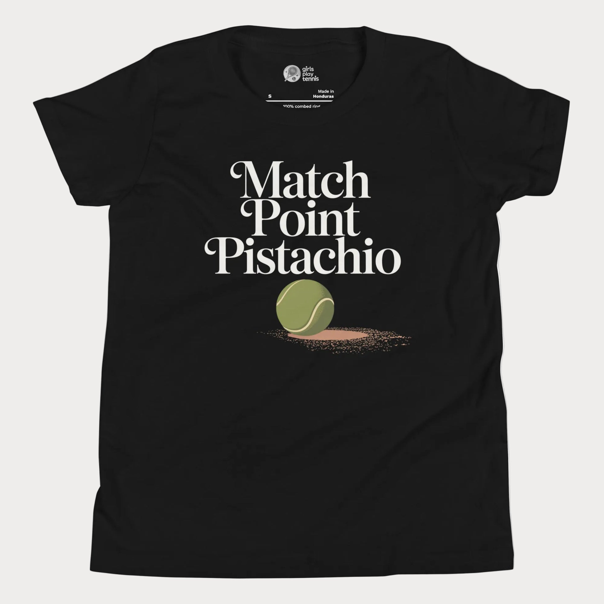 Match Point Pistachio girls and women’s tennis tee in black with tennis ball graphic premium cotton shirt