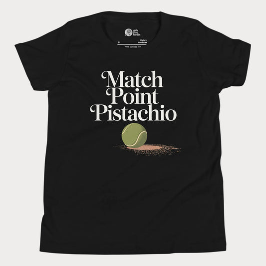Match Point Pistachio girls and women’s tennis tee in black with tennis ball graphic premium cotton shirt