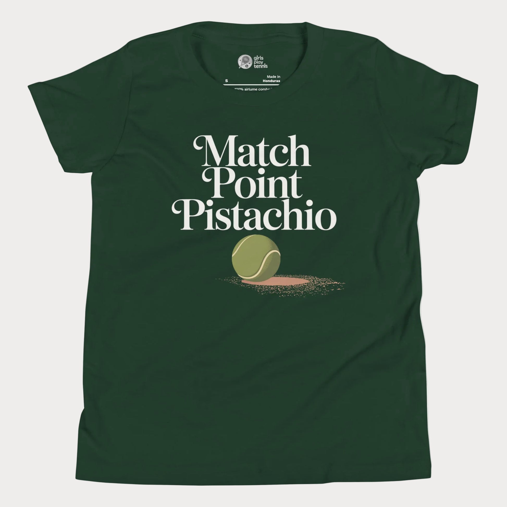 Match Point Pistachio girls and women’s tennis tee in forest green with tennis ball graphic premium cotton shirt
