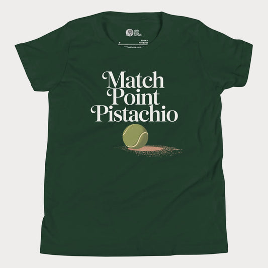 Match Point Pistachio girls and women’s tennis tee in forest green with tennis ball graphic premium cotton shirt